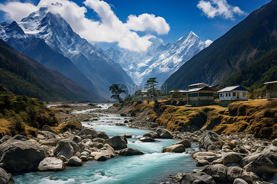 房屋雪山河流图片