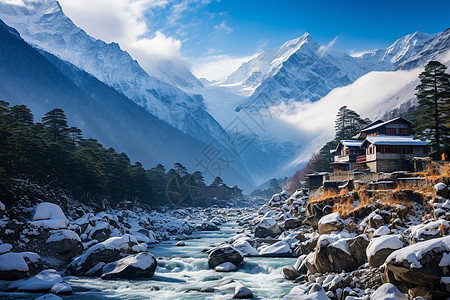 雪山河流图片