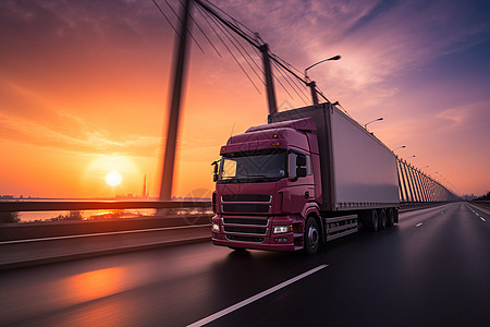 日落时分一辆卡车驶过高速公路背景图片