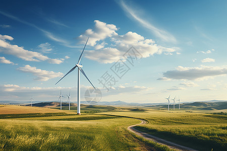 乡村田野上的风力发电机图片
