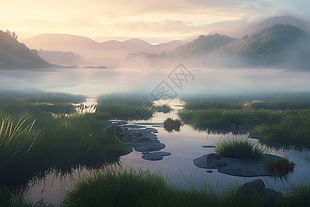 迷雾中的湿地背景图片