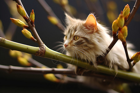 猫在柳树上图片