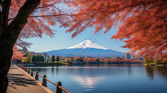 映山红色富士山图片