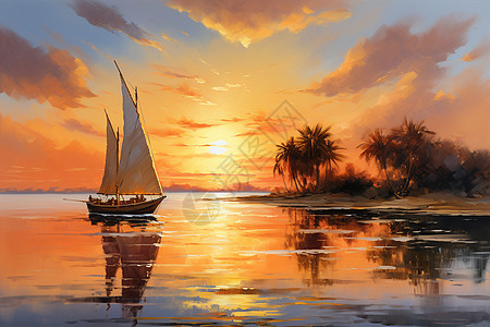 夕阳斜照下的帆船图片