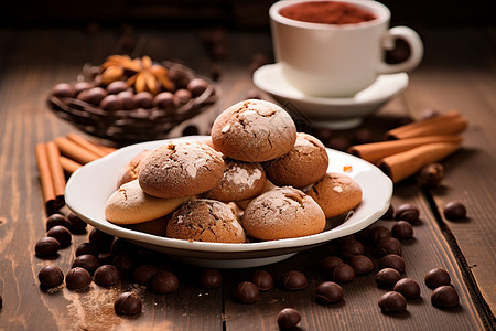 美味的咖啡和巧克力饼干背景图片