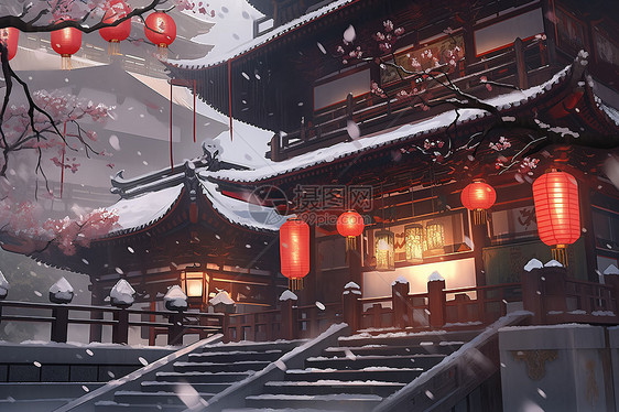 冬日寺庙的祥和景象图片