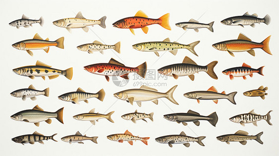 白色背景下的不同鱼类图片