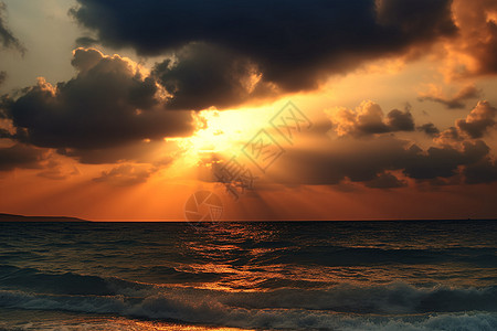 夕阳下的美丽海洋背景图片