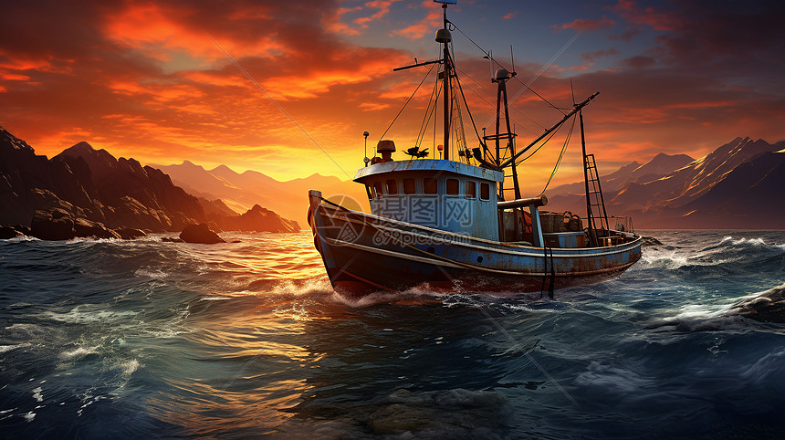 海洋行驶的渔船图片