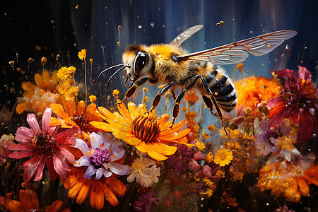 飞行在花朵中的蜜蜂图片