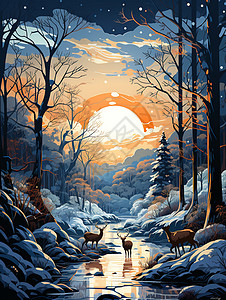 冬季的森林小鹿背景图片