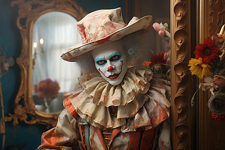 怪异小丑对镜化妆图片