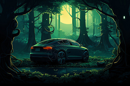 汽车停在森林中图片