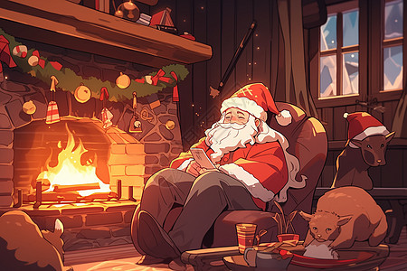 圣诞老人在壁炉旁图片