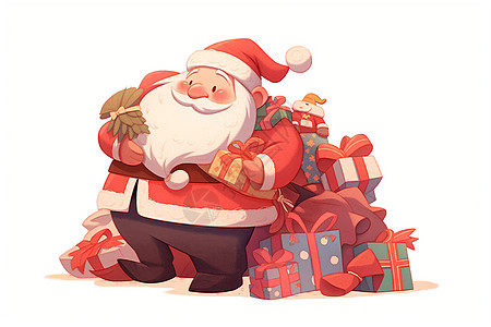 可爱圣诞老人带着满满一袋礼物图片