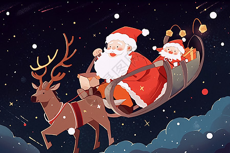 圣诞老人和他的驯鹿穿梭在夜空中图片