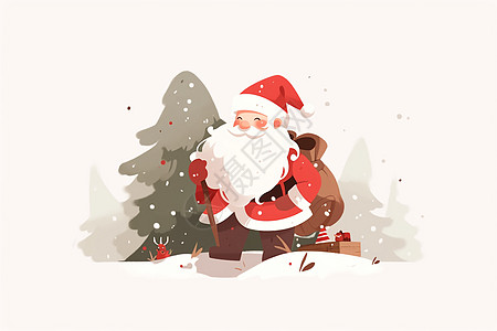 圣诞老人走在雪地里拿着一个礼物袋图片