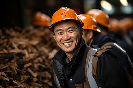 木屑堆前戴着安全帽的工人图片
