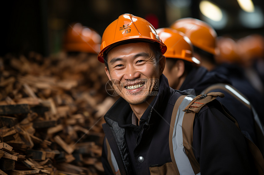 木屑堆前戴着安全帽的工人图片