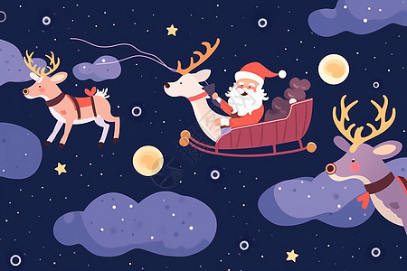 圣诞老人和他的驯鹿在雪橇上翱翔图片