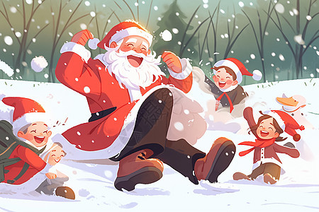 圣诞老人与孩子们一起堆图片