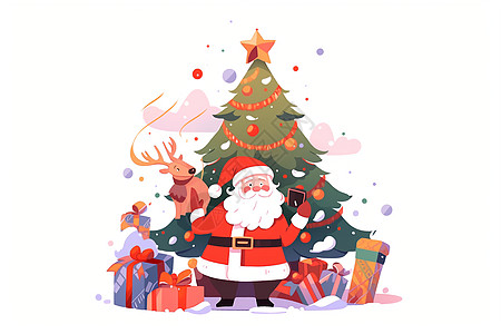 圣诞树前的圣诞老人和礼物背景图片