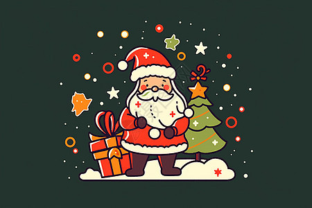圣诞老人带着圣诞树和礼物头顶星星背景图片