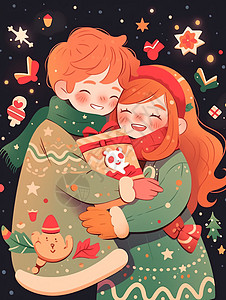 冬日情侣拥抱的温馨画面图片