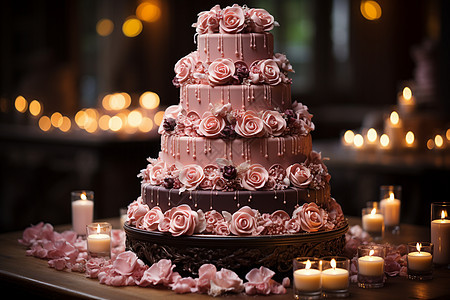 粉色蛋糕浸泡在烛光中图片