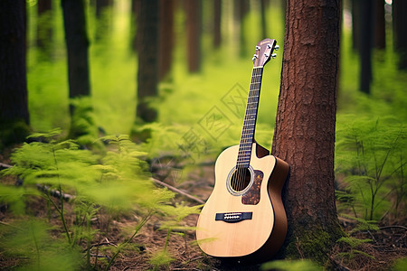 树林中一把吉他依靠在树上图片
