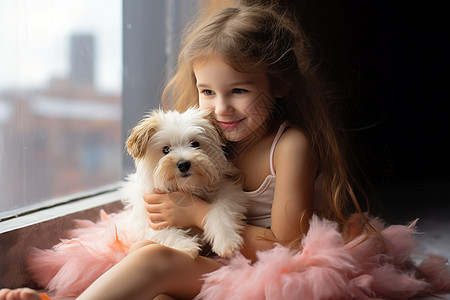 抱着宠物小狗的小女孩图片