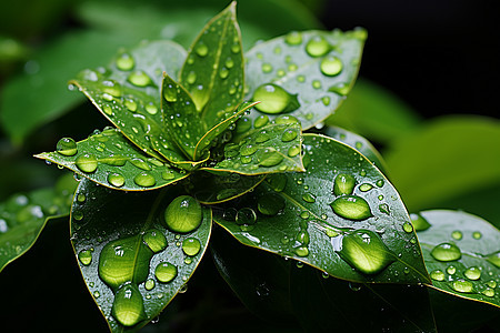 植物叶片上的雨水背景图片