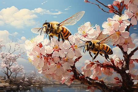 蜜蜂翩翩起舞的细腻之翼风景画图片