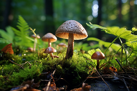 苔藓上自然生长的蘑菇图片