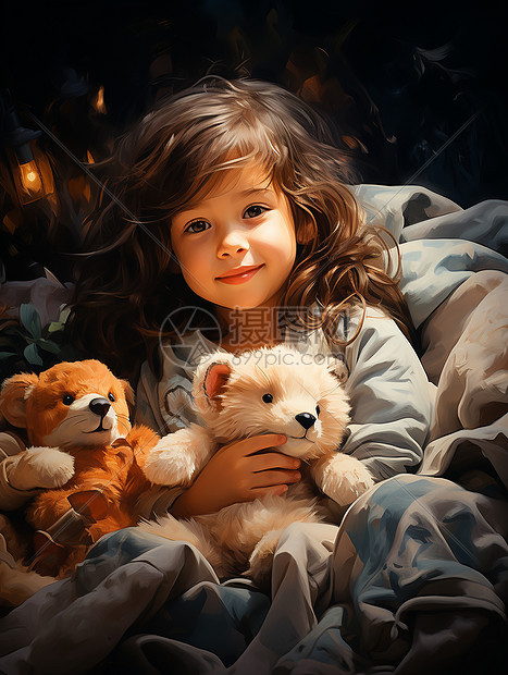 小女孩与玩具拥抱入眠图片