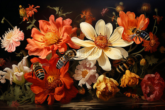 蜜蜂采蜜的油画插图图片