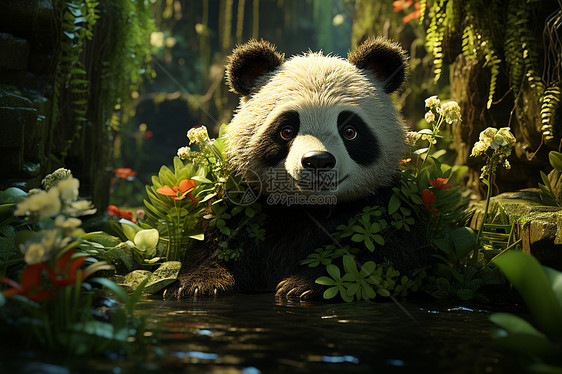 森林中探索的熊猫图片