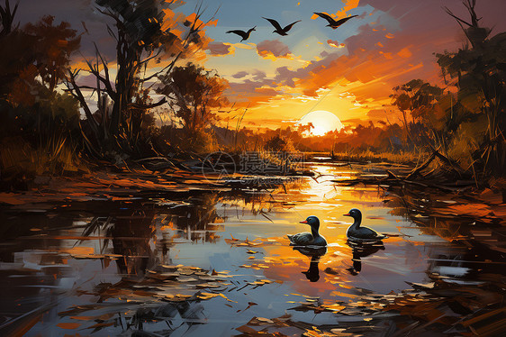夕阳池塘中的鸭群图片