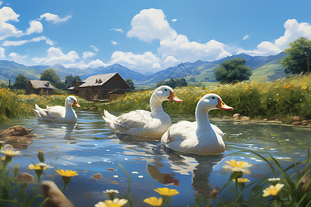 湖水中的鸭群图片