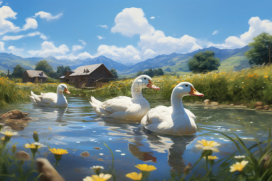 湖水中的鸭群图片