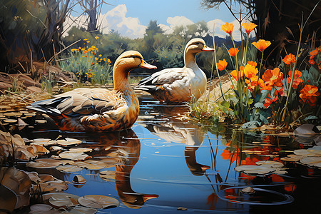 河边的鸭群背景图片
