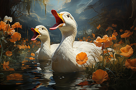 池塘里的鸭群背景图片