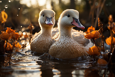 池塘中欢乐戏水的鸭群图片
