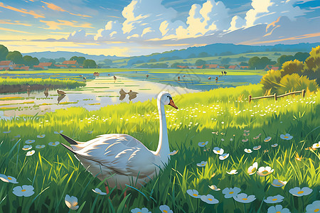 乡村田野中的鸭群背景图片