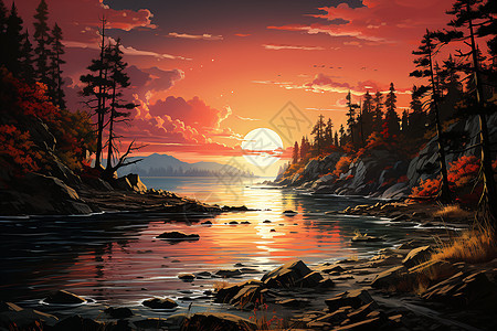 湖畔的夕阳景观图片