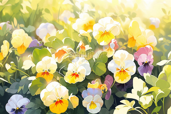 阳光花园中的鲜花插画图片