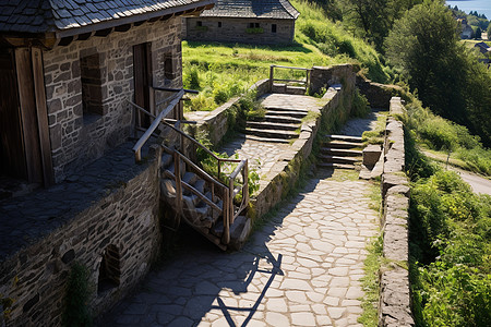 山中风景山中石屋建筑背景