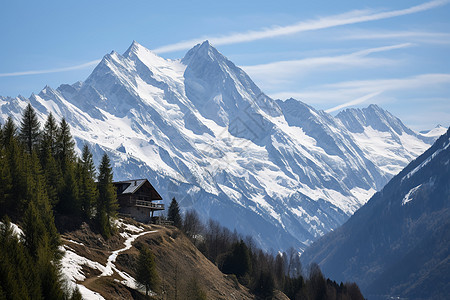 雪山脚下的小屋图片