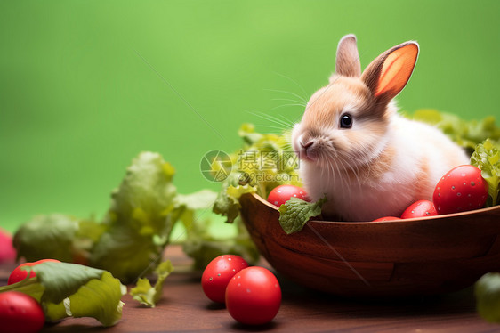 放满蔬菜的木盆里有一只兔子图片