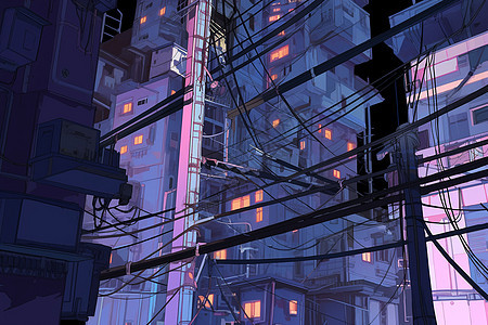 城市楼宇间的电线图片